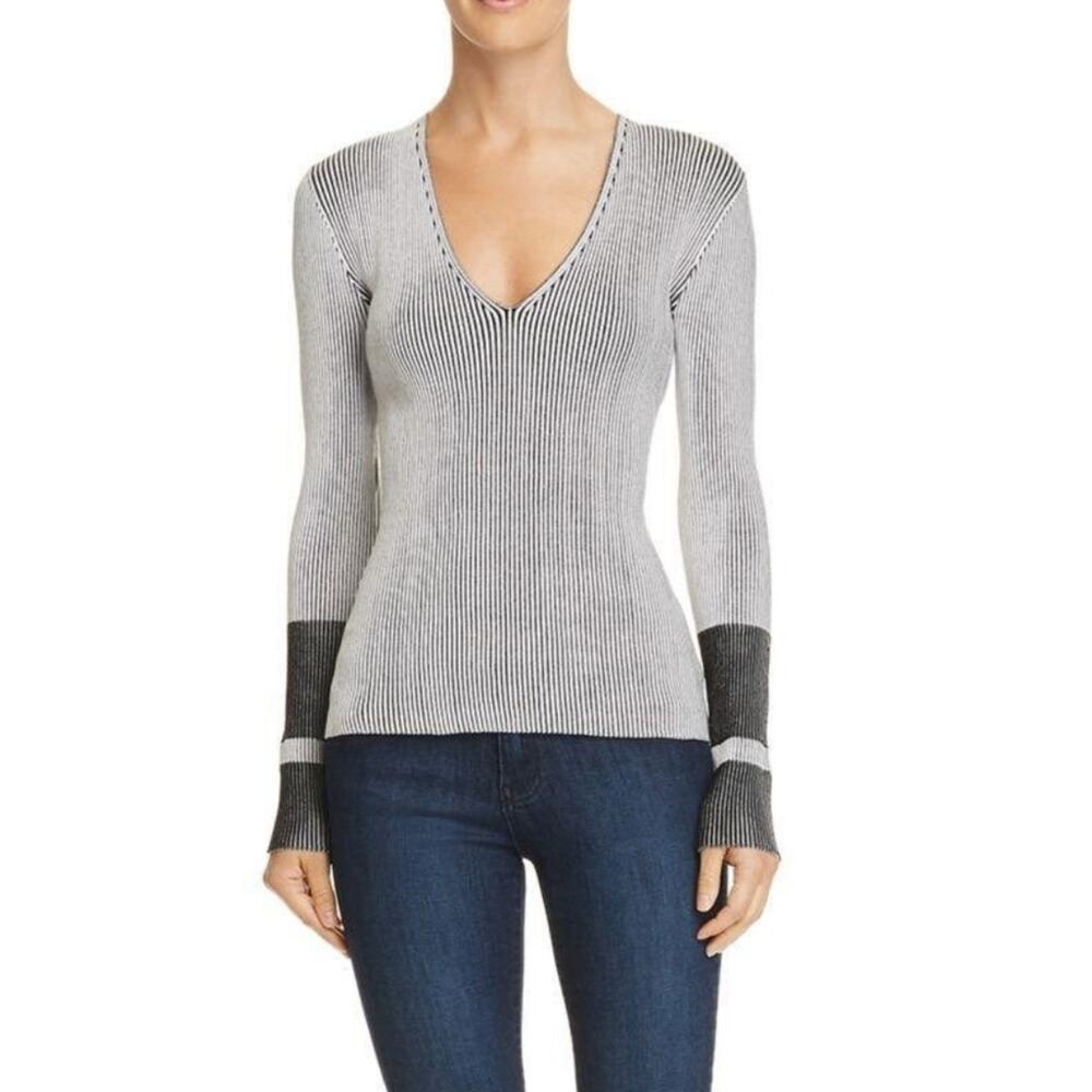 Theory Optic Stripe Sweater Top Eggshell Cream Black Large